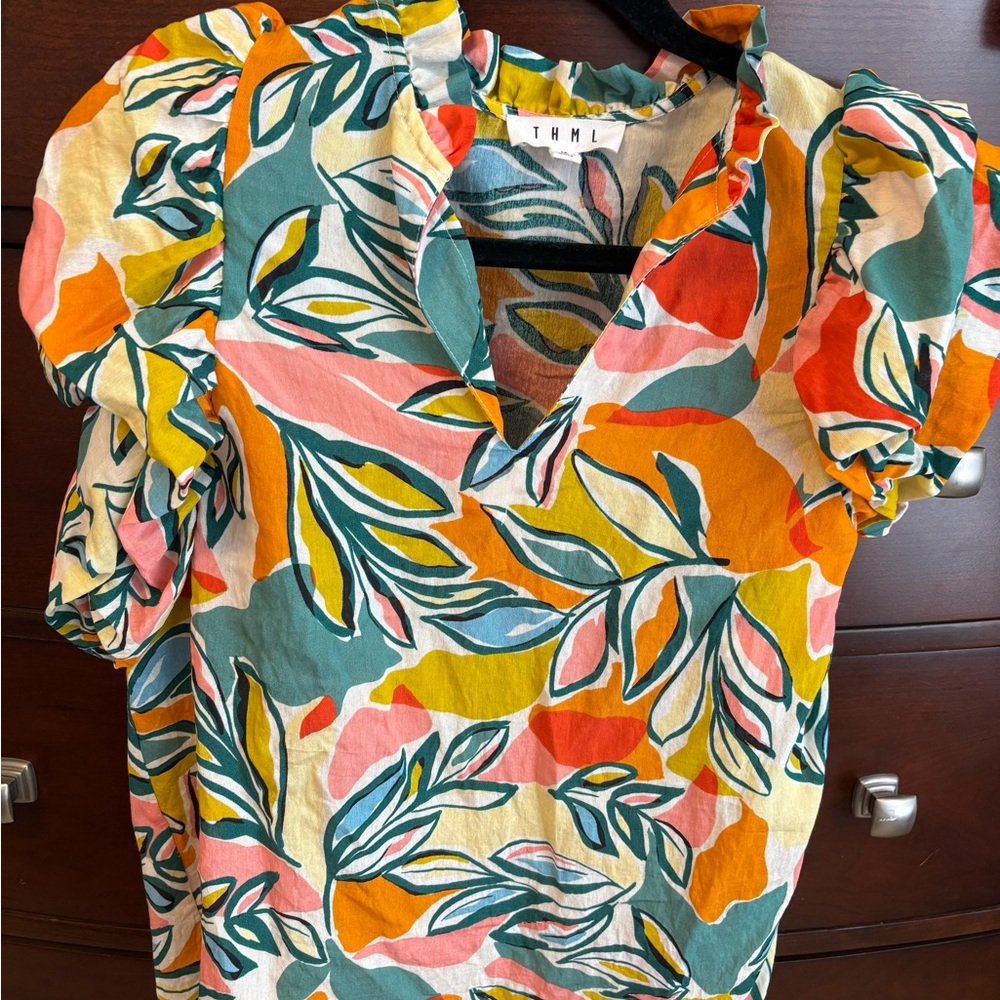 THML Colorful Leaf Print Women's Blouse